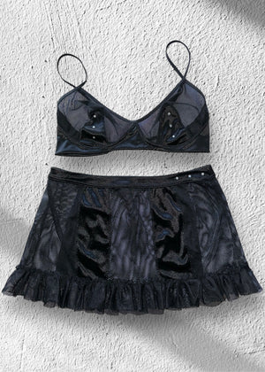 Y2K Sheer Mini Skirt & Lingerie Set – Black Satin Diamanté Studded 2-Piece