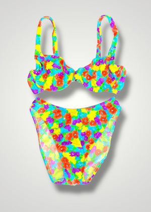 90's Small Neon Ditsy Floral Underwire Swimsuit, Matching Bikini Set | Vintage Coquette
