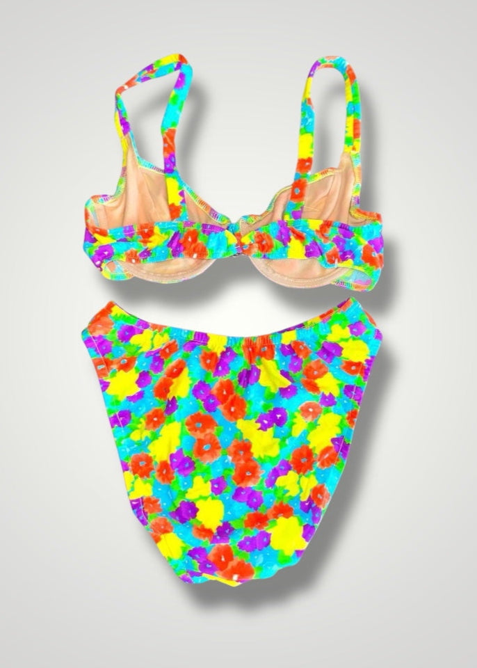 90's Small Neon Ditsy Floral Underwire Swimsuit, Matching Bikini Set | Vintage Coquette