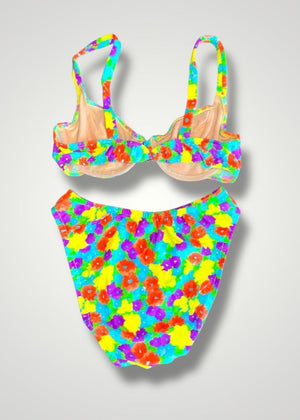90's Small Neon Ditsy Floral Underwire Swimsuit, Matching Bikini Set | Vintage Coquette
