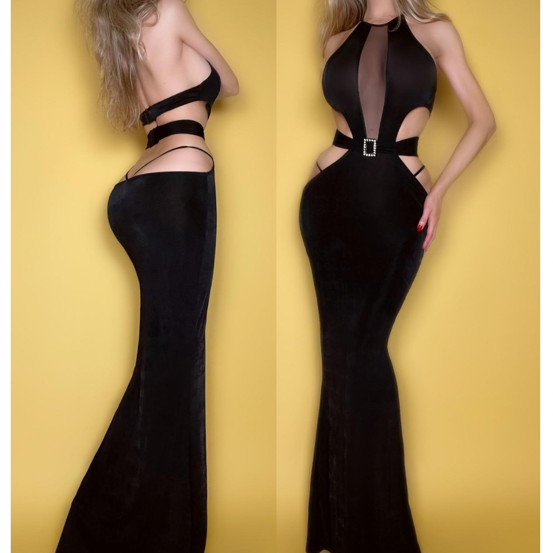 Vintage Couture Black Backless Prom Gown with Diamanté Waist Belt | Floor Length Bodycon Dress