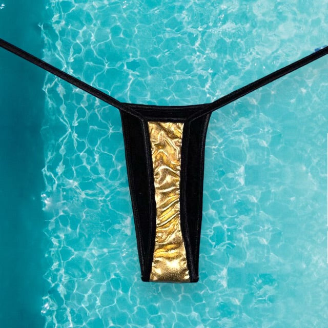 
                      
                        Y2K Ringer Thong Bikini Bottom | Metallic Gold & Black
                      
                    