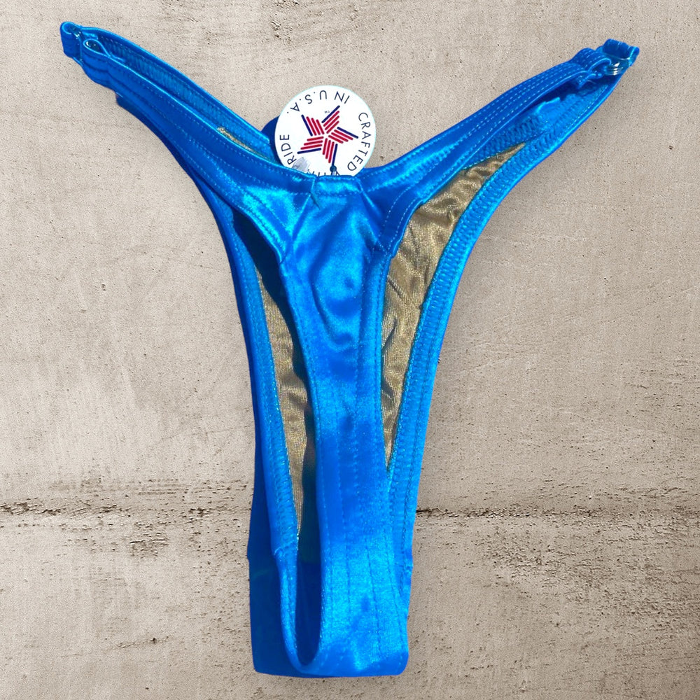90's Capri Blue Satin Clip-Side Thong Minimalist Bikini Bottom, Ultra Flattering Fit