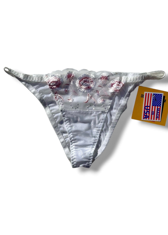 90s Sheer Embroidered Bikini Panty | White & Pink Floral | Deadstock Vintage Lingerie