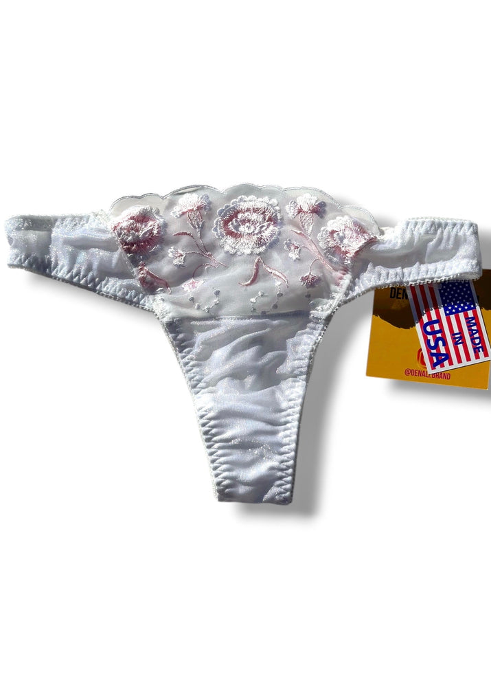 90s Sheer Embroidered White & Pink Thong Panty | Deadstock Vintage Lingerie
