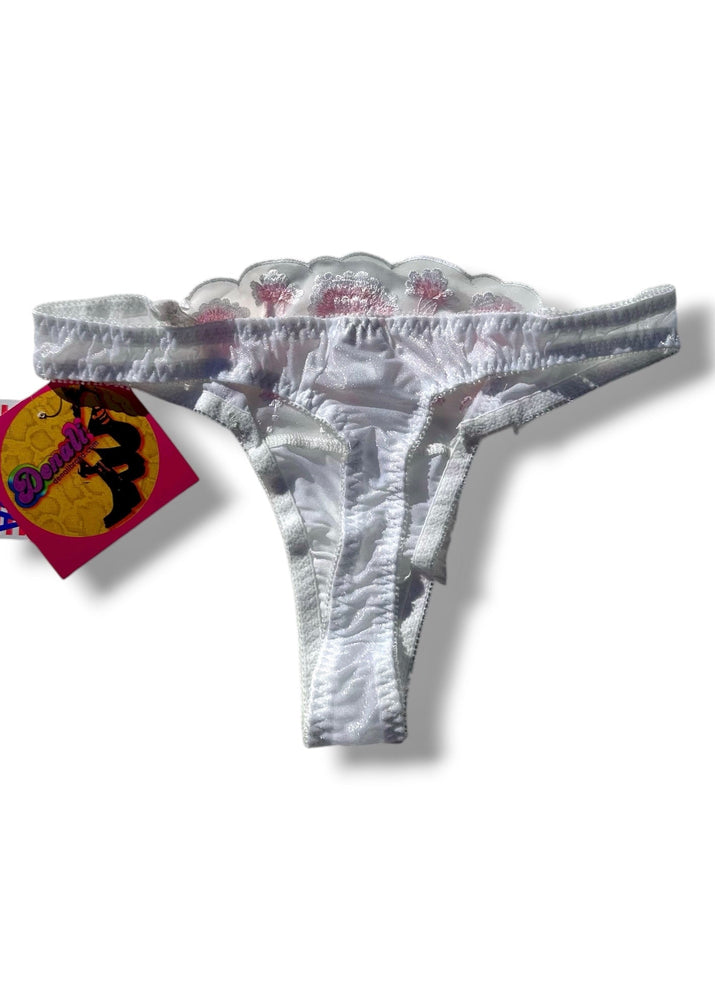 90s Sheer Embroidered White & Pink Thong Panty | Deadstock Vintage Lingerie