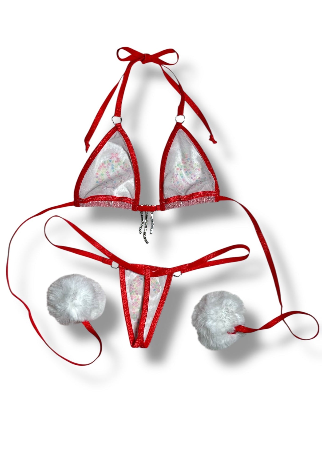 Red lingerie set with floral details on a white background