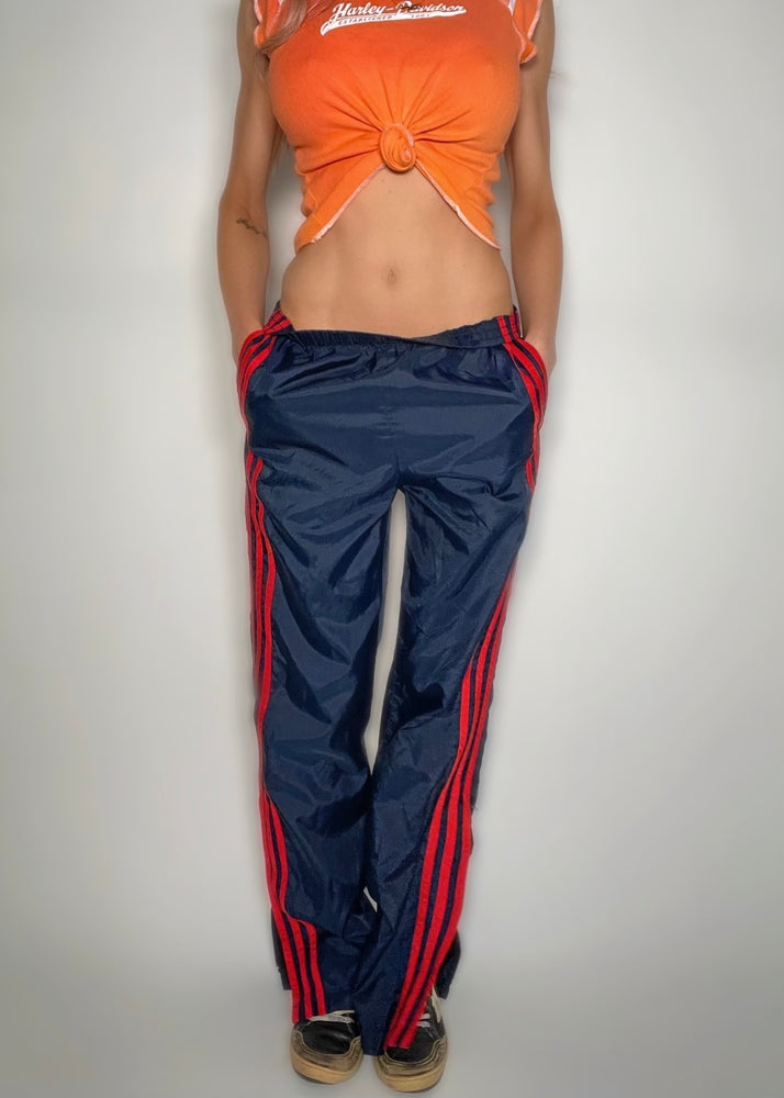 VTG Adidas Zip-Leg Baggy Track Pants Navy & Red Stripe | Y2K Wide-Leg Style