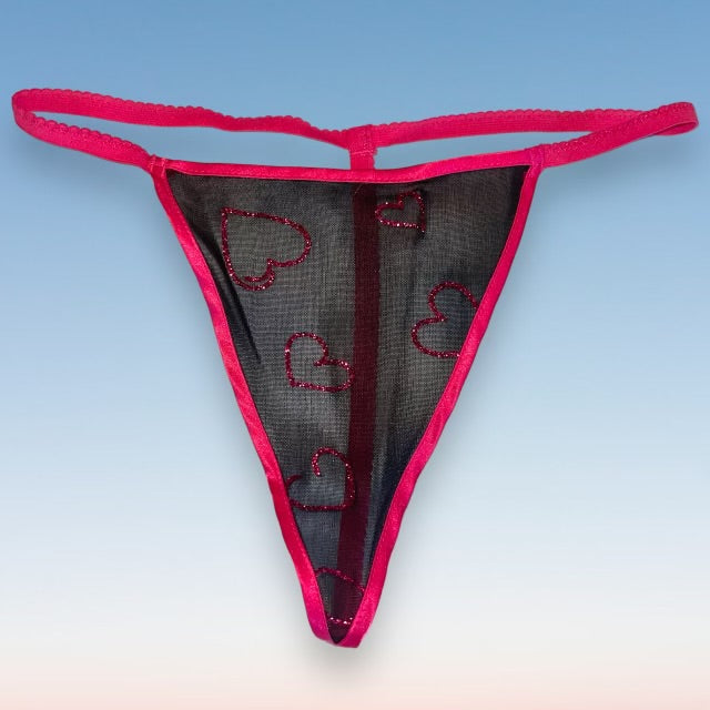 
                      
                        Y2K Sheer Black G-String Thong Panty | Pink Glitter Hearts
                      
                    