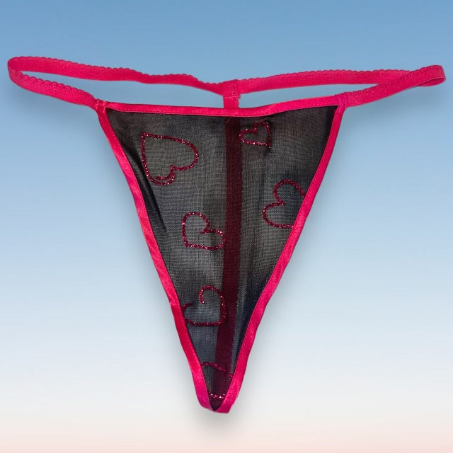 Y2K Sheer Black G-String Thong Panty | Pink Glitter Hearts