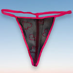 Y2K Sheer Black G-String Thong Panty | Pink Glitter Hearts