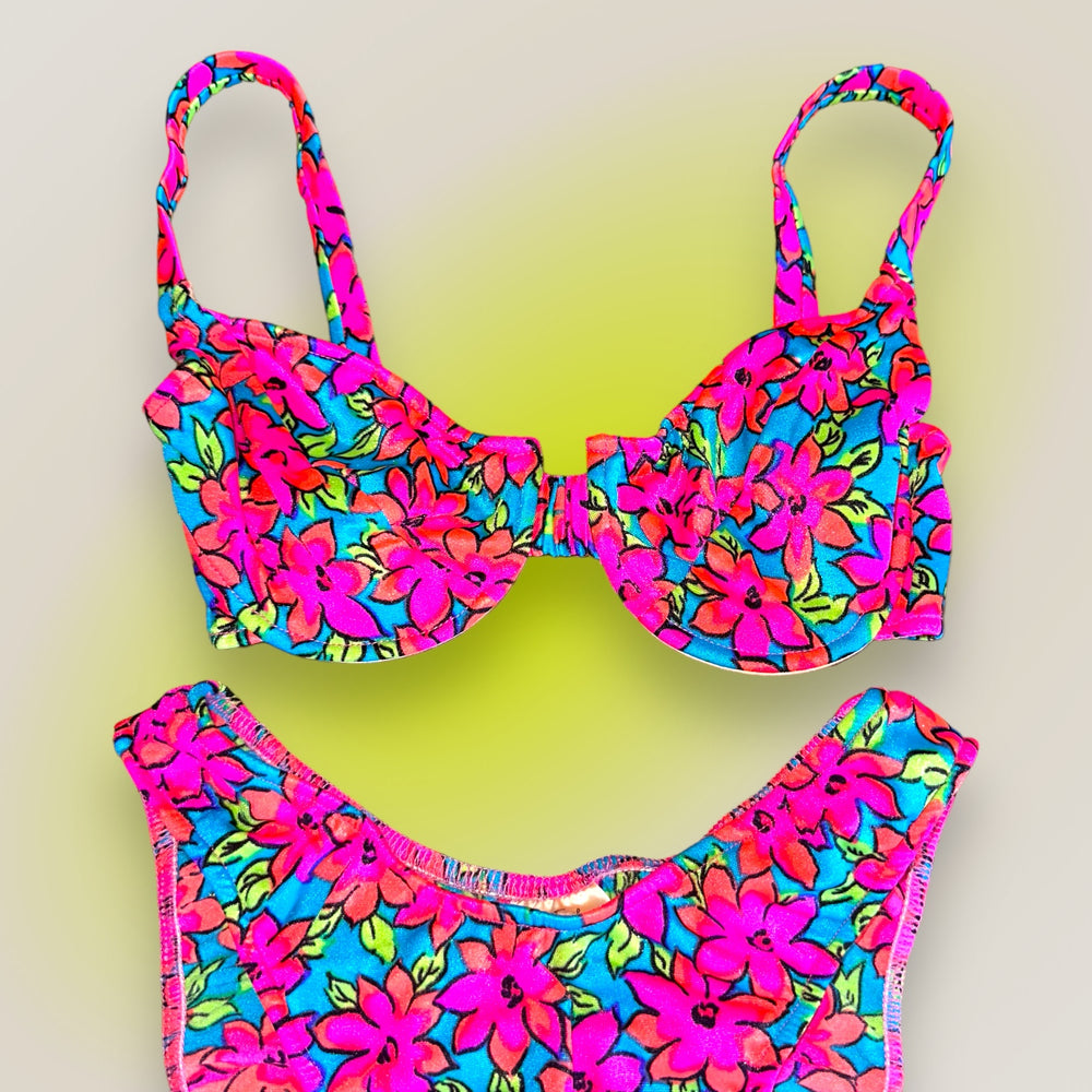 
                      
                        90's Small Neon Ditsy Floral Underwire Swimsuit, Matching Bikini Set | Vintage Coquette
                      
                    