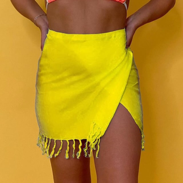 Linen Fringe Hem High Waisted Wrap Sarong Cover Up Mini Skirt | Yellow