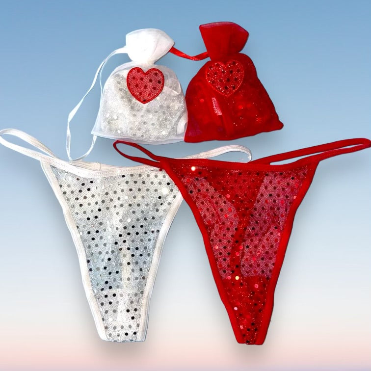 
                      
                        2 Pair Sequin Heart Thong Panty Bundle + Matching Cinch Pouches
                      
                    