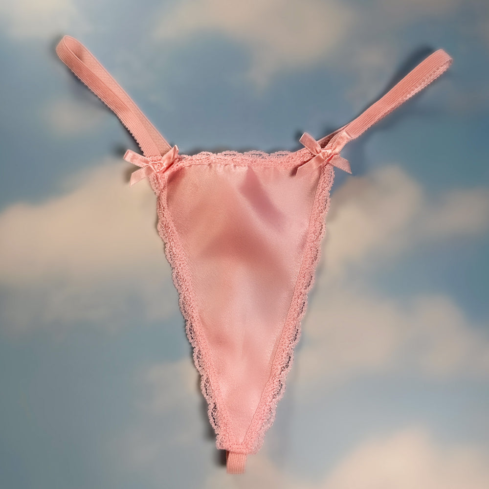 
                      
                        90's Lace Trim G-String Panty | Pastel Pink Satin
                      
                    