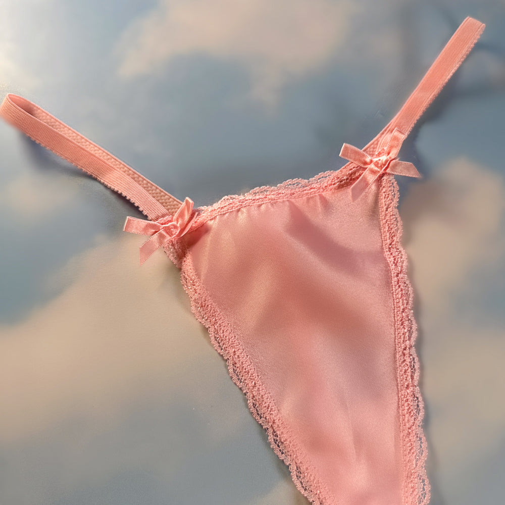 
                      
                        90's Lace Trim G-String Panty | Pastel Pink Satin
                      
                    