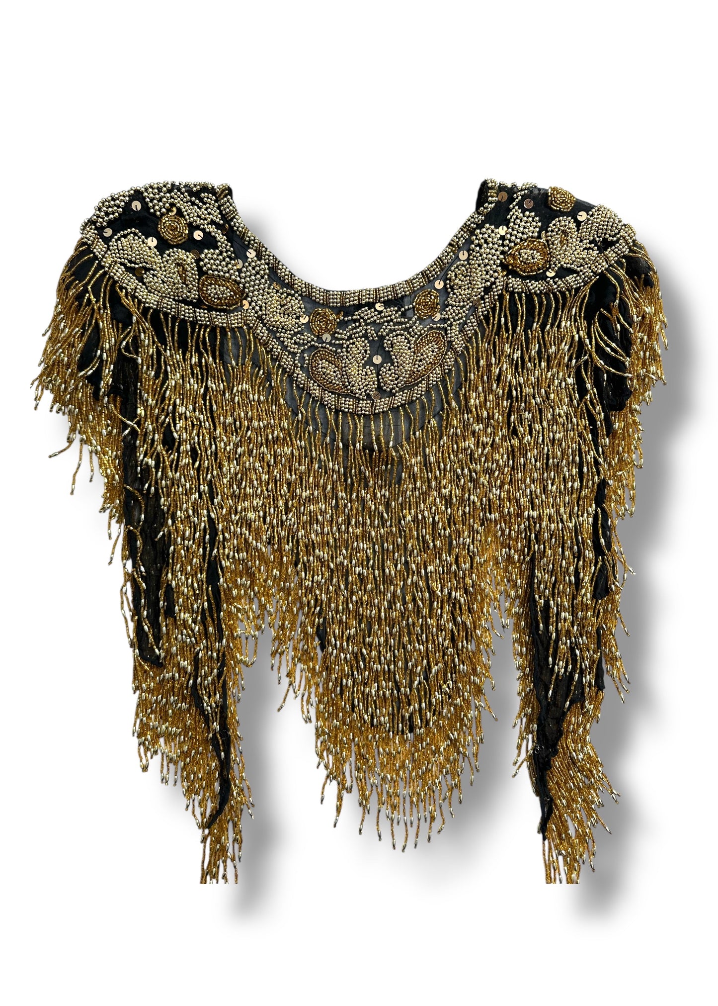 Decorative shawl with gold beads and black lace on a white background