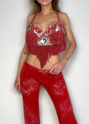 Hand-Beaded Red Embellished Fringe Vintage Crop Top | Boho Festival Style