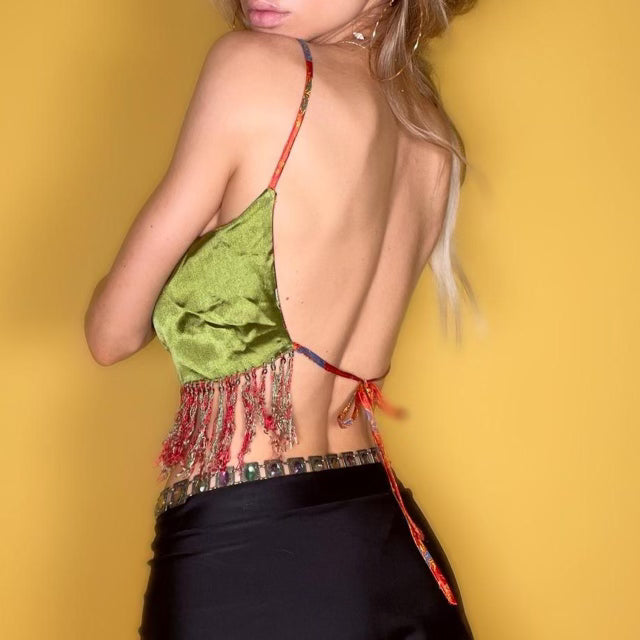 Small Backless Satin Embroidered Fringe Reversible Bandana Fit Crop Top | Vintage