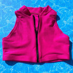 90’s Sporty Zip Front Ribbed Crop Swimsuit Top | Candy Pink