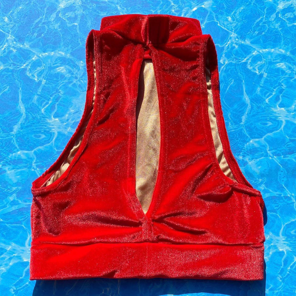 
                      
                        90’s Cutout Mock Neck Crop Swimsuit Top | Red Hot Velvet
                      
                    