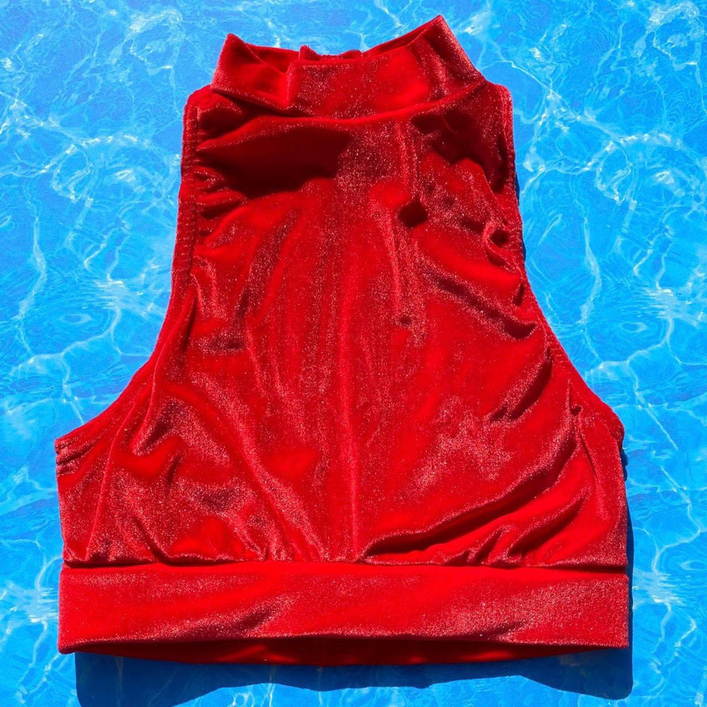 
                      
                        90’s Cutout Mock Neck Crop Swimsuit Top | Red Hot Velvet
                      
                    