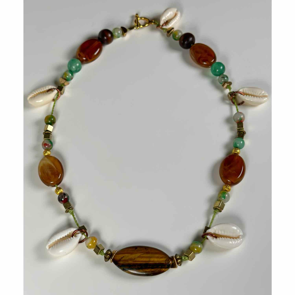 
                      
                        Tigers Eye Natural Stone & Cowrie Seahell Choker Necklace |  Denali Brand
                      
                    