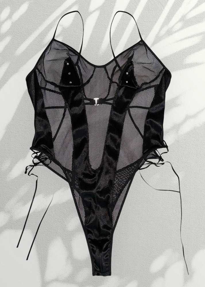 Ultra-Rare Y2K Jet Black Backless Bodysuit – Diamanté Strappy Details