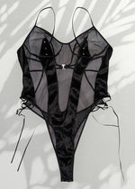 Ultra-Rare Y2K Jet Black Backless Bodysuit – Diamanté Strappy Details