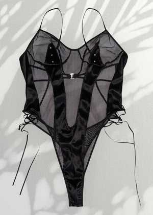 Ultra-Rare Y2K Jet Black Backless Bodysuit – Diamanté Strappy Details
