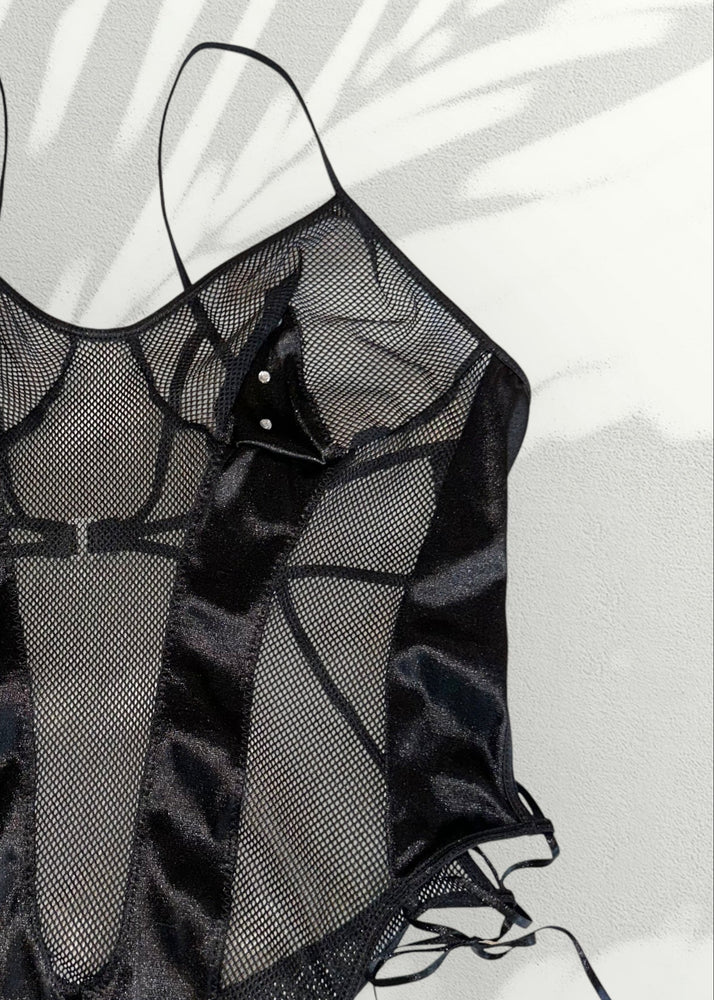 Ultra-Rare Y2K Jet Black Backless Bodysuit – Diamanté Strappy Details