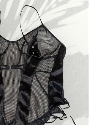 Ultra-Rare Y2K Jet Black Backless Bodysuit – Diamanté Strappy Details