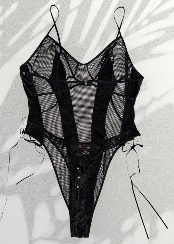 Ultra-Rare Y2K Jet Black Backless Bodysuit – Diamanté Strappy Details