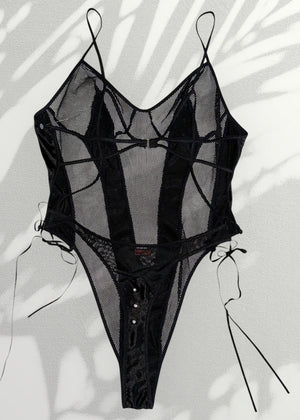 Ultra-Rare Y2K Jet Black Backless Bodysuit – Diamanté Strappy Details