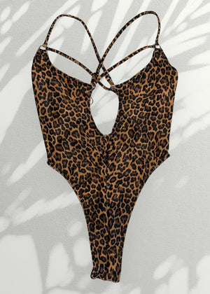 Y2K Leopard Backless One-Piece Strappy Plunge O-Ring Swimsuit | Animal Print