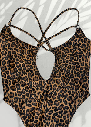 Y2K Leopard Backless One-Piece Strappy Plunge O-Ring Swimsuit | Animal Print