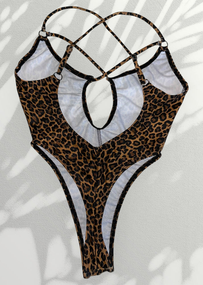 Y2K Leopard Backless One-Piece Strappy Plunge O-Ring Swimsuit | Animal Print