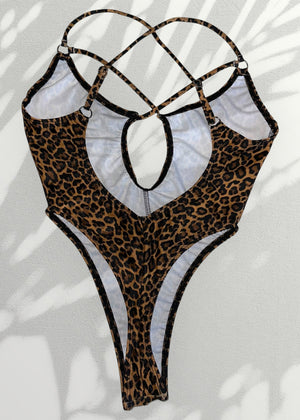 Y2K Leopard Backless One-Piece Strappy Plunge O-Ring Swimsuit | Animal Print