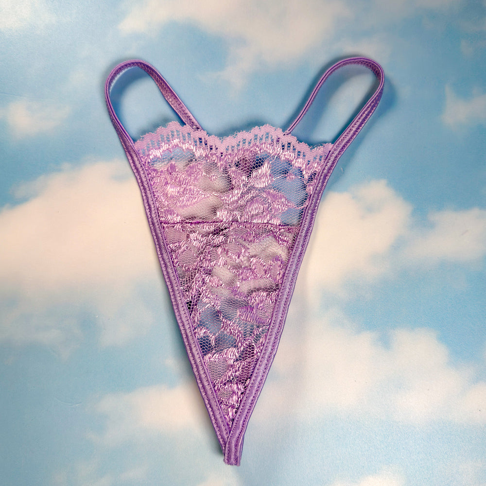 
                  
                    90's Skimpy Sheer G-String Thong Panty | Pastel Lilac Lace
                  
                