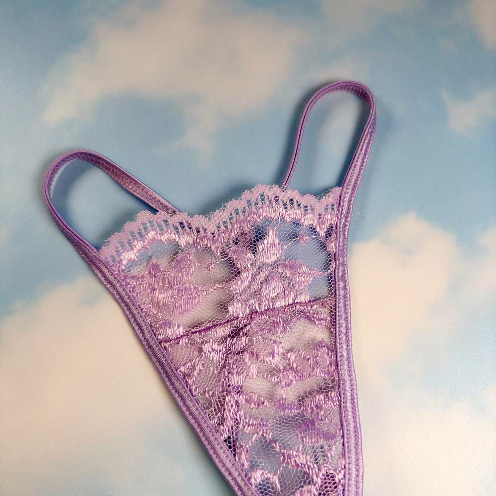 
                  
                    90's Skimpy Sheer G-String Thong Panty | Pastel Lilac Lace
                  
                