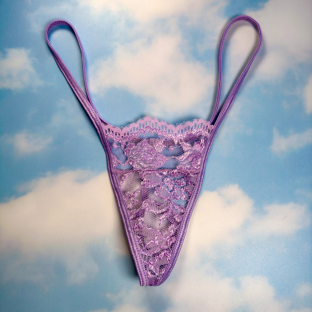 
                  
                    90's Skimpy Sheer G-String Thong Panty | Pastel Lilac Lace
                  
                