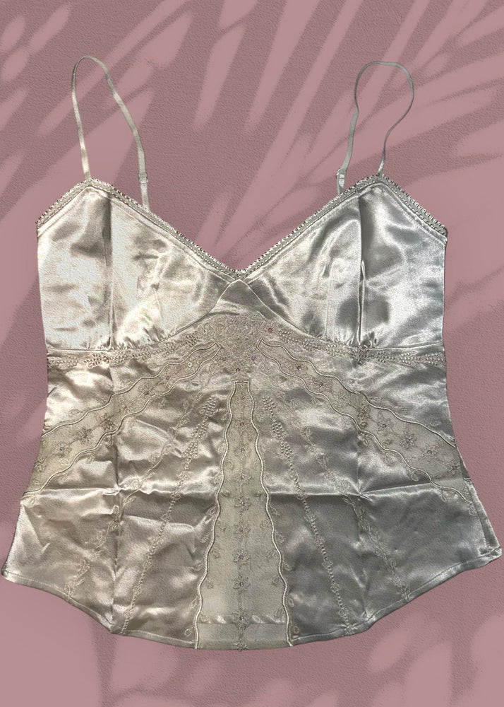 Ivory Satin Embroidered Sheer Slip Cami Top | Y2K USA-Made Deadstock Vintage