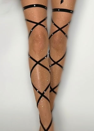 Diamanté Crystal Embellished Black Garter Leg Wrap Set | Festival Cosplay Accessory