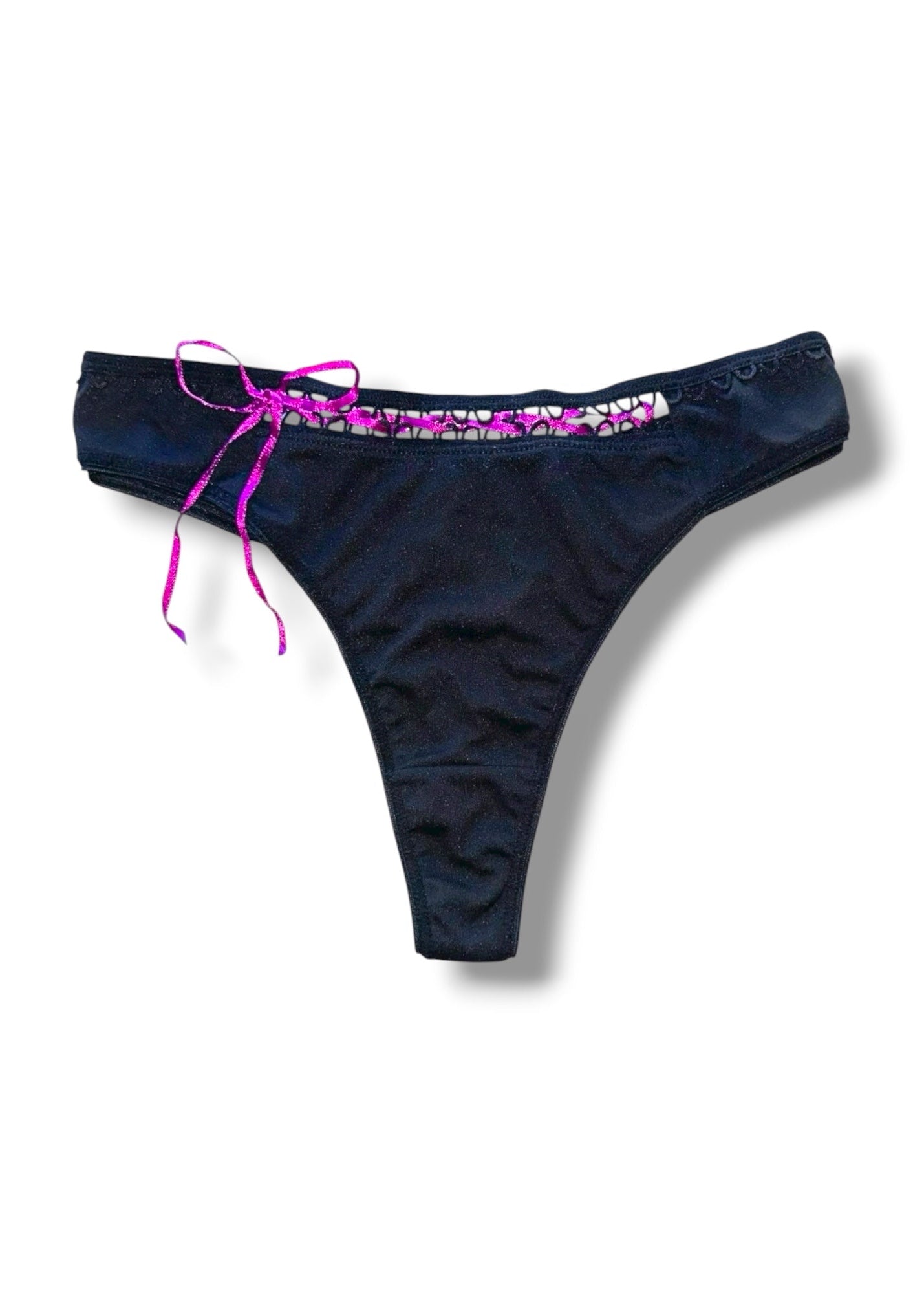 Navy blue bikini bottom with pink accents on a white background