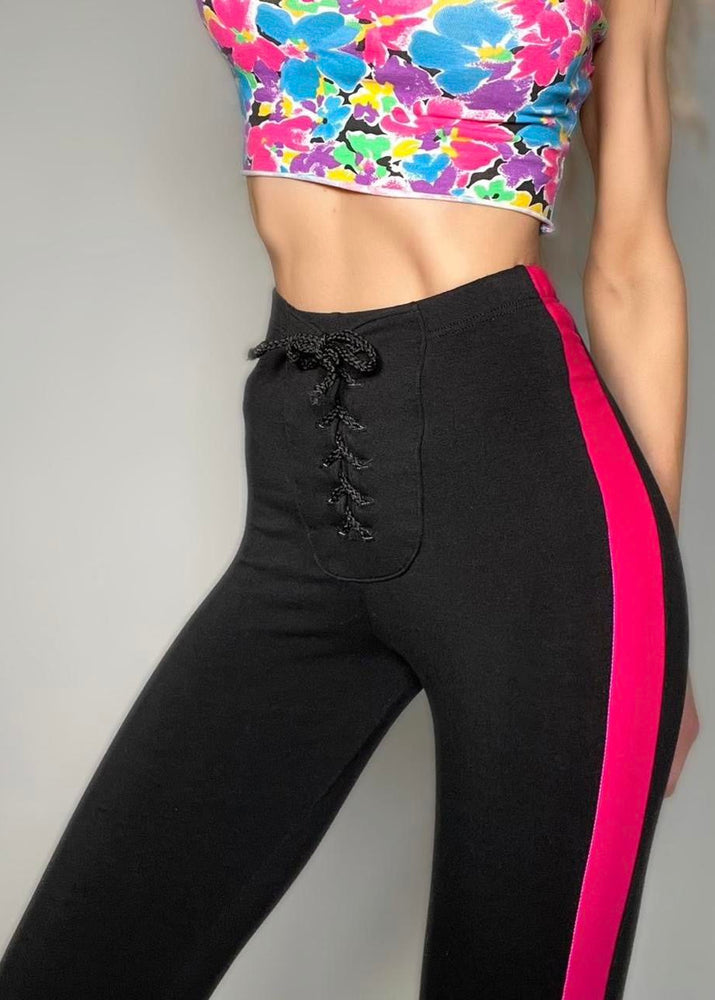 Y2K Lace-Up Capri Leggings | Holiday Gift | Black Pink Athletic Stripe Yoga Pants