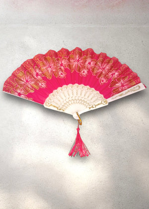Lacey Pink Hand Fan - Vintage Deadstock Floral Design with Gold Accents