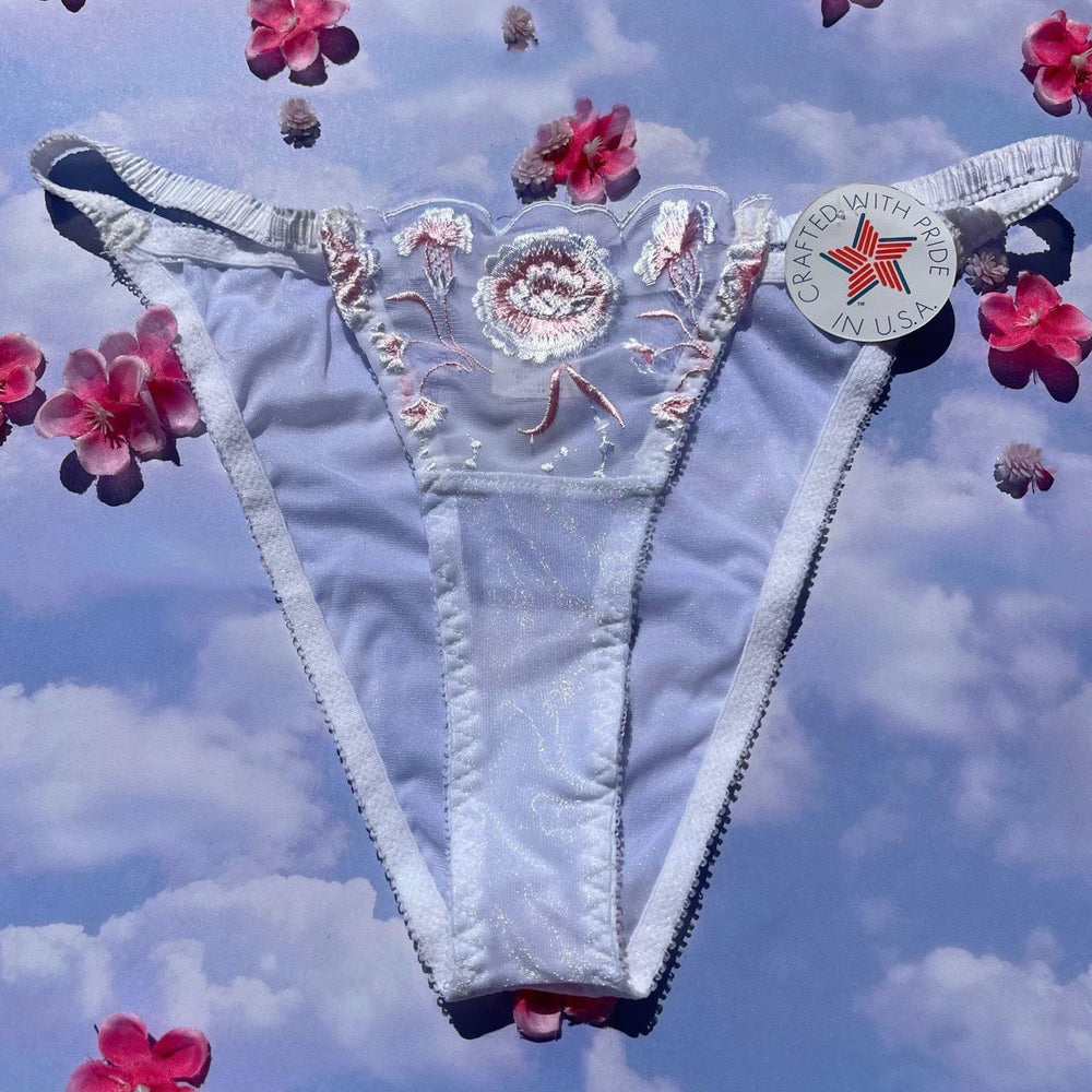 
                  
                    Embroidered Sheer Bikini Panty | White & Pastel Pink
                  
                