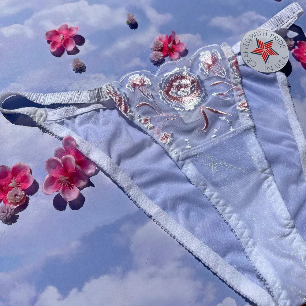 
                  
                    Embroidered Sheer Bikini Panty | White & Pastel Pink
                  
                