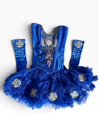 A royal blue tutu dress with a ruffled tulle skirt, embellished with silver and blue sequins, a jeweled bodice, and matching blue arm bands, laid flat on a white background.