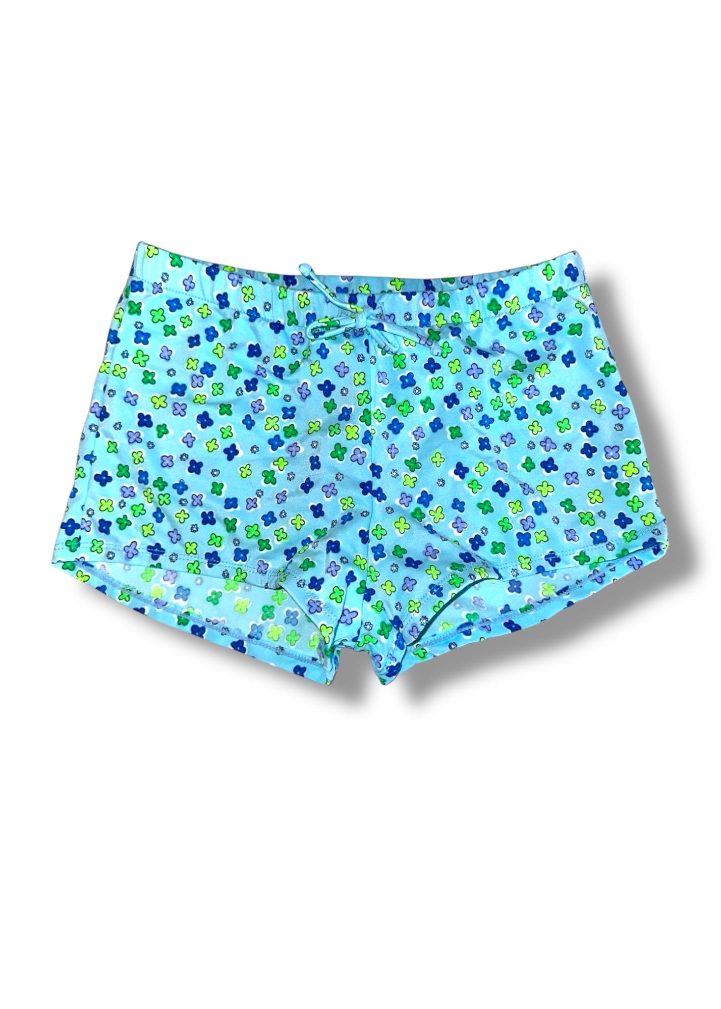 Blue boxer briefs with a pattern on a white background